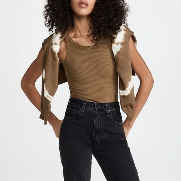 Good American Thong Tank Bodysuit Ribbed Khaki Forrest Green Brown High Leg Sz L - Picture 8 of 15